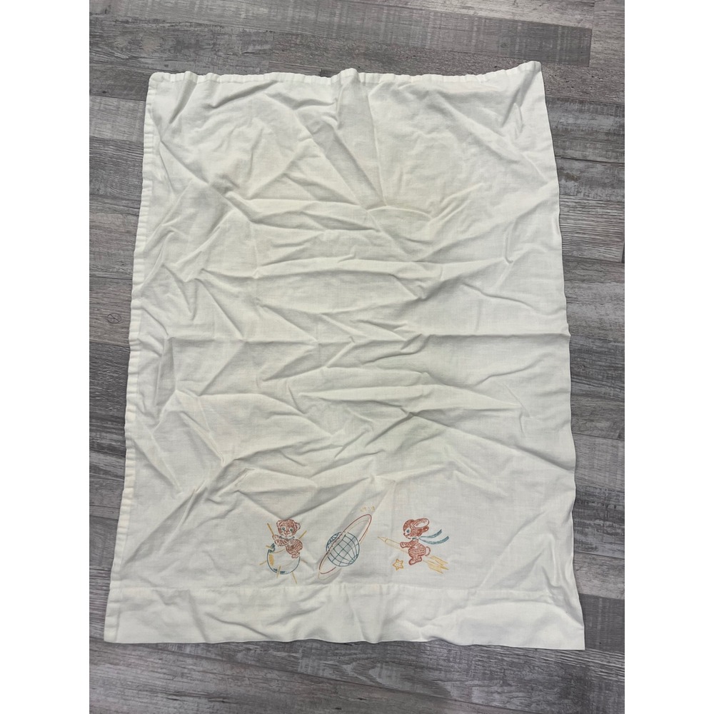 Vintage Embroidered Baby Blanket Space Rocket Bunny Bear White Cotton Nursery